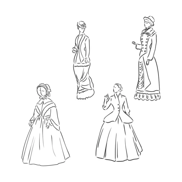 Senhora Vestida Antiguidade Ilustração Vetor Moda Antiga Mulher Vitoriana Vestido —  Vetores de Stock