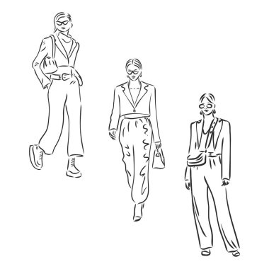 Şık Kızlar Moda Çizimi. Altı farklı sokak tarzı. Bahar ve sonbahar gündelik kıyafetleri. Beyaz arkaplanda vektör taslağı izole edildi. moda giysi vektörü çizimi beyaz arkaplanda
