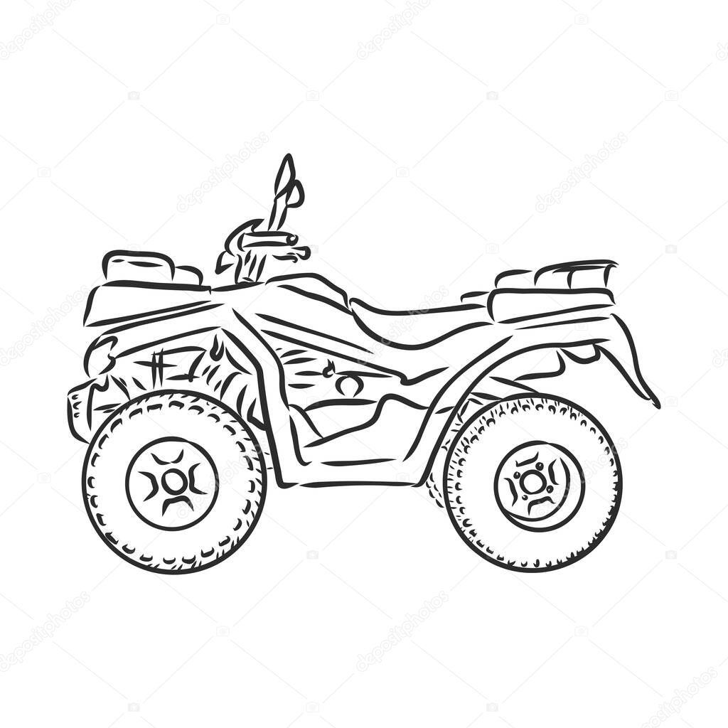 Vector engraved style illustration for posters, decoration and print. Hand drawn sketch of quad bike in black isolated on white background.