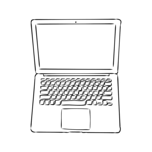 Hand-drawn sketch of laptop computer. Notebook on a white background. Opened laptop with white screen. — Stock Vector