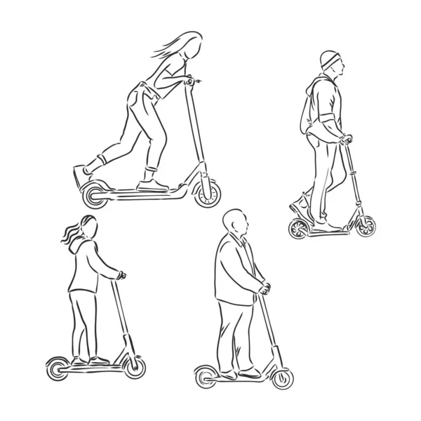 Ligne continue femme monte un scooter électrique avec jambe relevée — Image vectorielle