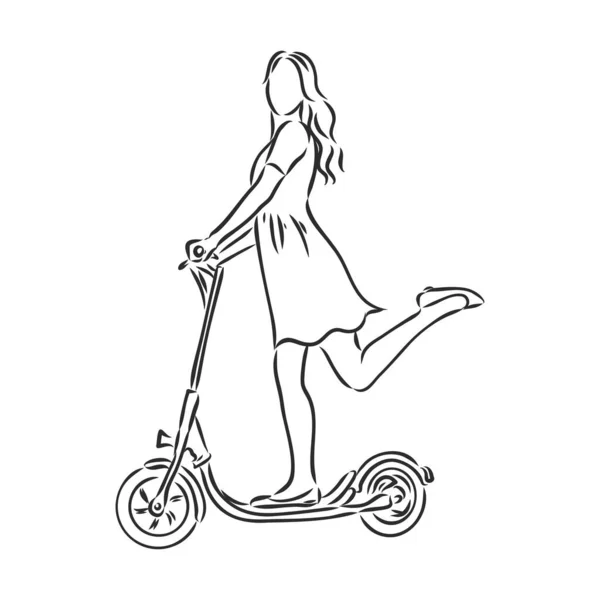 Linea continua donna cavalca uno scooter elettrico con gamba sollevata — Vettoriale Stock