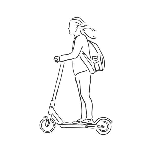 Ligne continue femme monte un scooter électrique avec jambe relevée — Image vectorielle