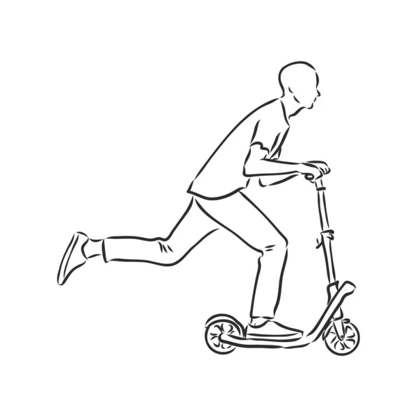 Ligne continue femme monte un scooter électrique avec jambe relevée — Image vectorielle