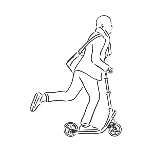 Mujer de línea continua monta un scooter eléctrico con la pierna levantada — Vector de stock