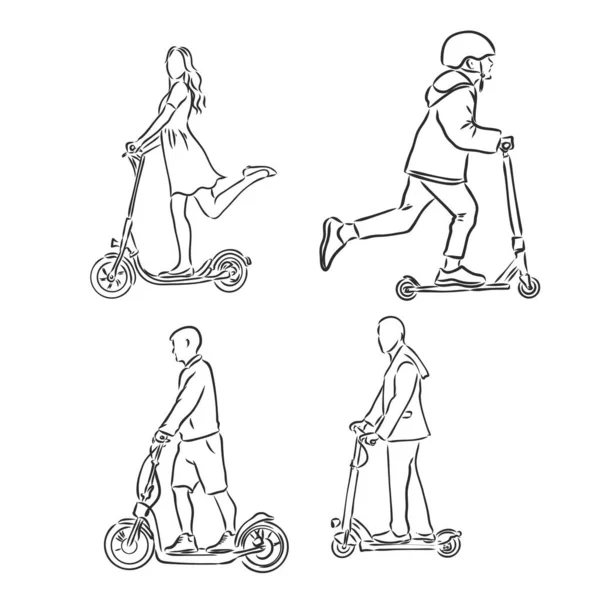 Andar de scooter rápido. Miúdo de skate. Mão desenhada. Desenhos animados do Stickman. Esboço de doodle, ilustração gráfica vetorial — Vetor de Stock