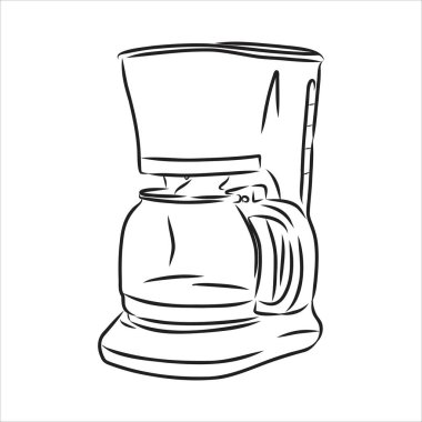 Kupası ile kahve makinesi. Kahve makinesi ve Kupası el beyaz zemin üzerine çekilmiş. Kahve makinesi ve fincan illüstrasyon kroki. Kahve makinesi ve Kupası vektör çizim.
