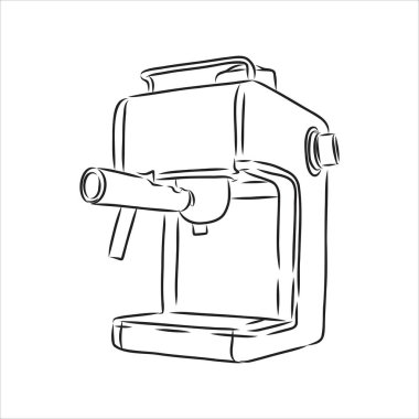 Kupası ile kahve makinesi. Kahve makinesi ve Kupası el beyaz zemin üzerine çekilmiş. Kahve makinesi ve fincan illüstrasyon kroki. Kahve makinesi ve Kupası vektör çizim.