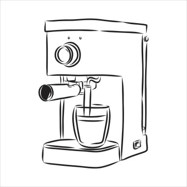 Kupası ile kahve makinesi. Kahve makinesi ve Kupası el beyaz zemin üzerine çekilmiş. Kahve makinesi ve fincan illüstrasyon kroki. Kahve makinesi ve Kupası vektör çizim.