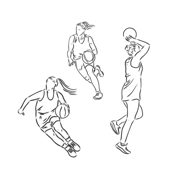 Ilustracja kobieta koszykarz. czarny i biały szkic, białe tło — Wektor stockowy