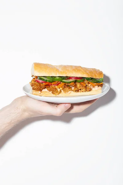 Hand Holding Vegan Banh Sandwich Roasted Cauliflower Pickled Vegetables White — Stock Photo, Image