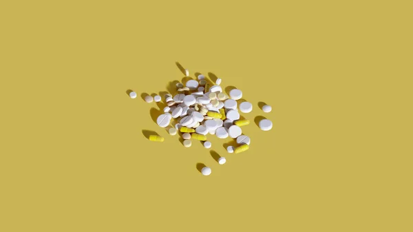 Pilha Cápsulas Variadas Pílulas Fundo Amarelo Conceito Saúde Indústria Farmacêutica Fotos De Bancos De Imagens Sem Royalties