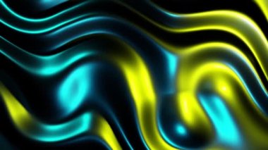 Dalga şeklinde ve dairesel şekilli fütüristik üç boyutlu sıvı animasyonu. Ultraviyole spektrum, altın mavisi neon ışıklar, soyut floresan arkaplan, optik yanılsama, sanal gerçeklik, holografik gradyan.