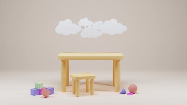 Boş anaokulunun 3 boyutlu animasyonu ya da küçük çocuklar için mobilya ve oyuncaklarla dolu çocuk odası. Eğlence oyunları için modern oyun odası. Bulutlu karikatür arkaplan, masa ve eğitim için yüksek sandalye. — Stok video