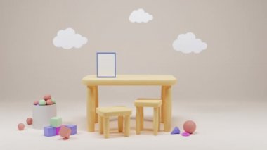 Montessori anaokulu oyun odası, ilkokul sınıfı, çizgi film 3 boyutlu animasyon odası oyuncaklı çocuk odası, masa başı posteri ve bej arka planda bulutlar. Kuru havuz, yerde toplar ve küplerle..