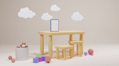Oyuncak sepeti, sarı masa ve sandalyeli şık çocuk odası. Pastel arka planda modern iç mekan, bulutlar ve çerçeve ve posterin maketi. İlkokul ya da anaokulunun 3D çizgi filmi