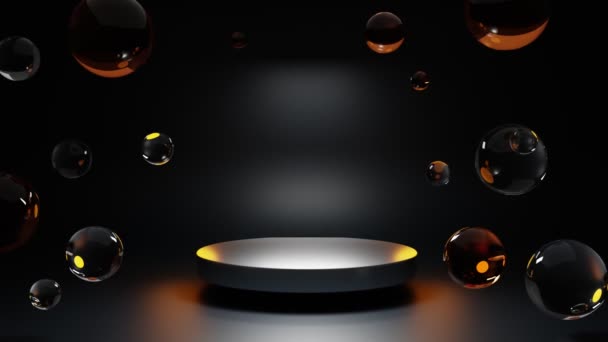 Escenario circular plateado, pedestal o podio con burbujas de aire subacuáticas. Gotas de agua doradas, bolas de vidrio o burbujas de jabón sobre fondo negro con espacio en blanco para anunciar el producto premium, animación 3D realista. — Vídeos de Stock