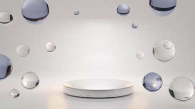 Lüks dairesel sahne, kaide ya da podyum temiz su altı hava kabarcıkları. Ürün sunumu için beyaz arkaplan boşluğunda su damlaları, cam toplar veya sabun baloncukları, gerçekçi 3D animasyon.