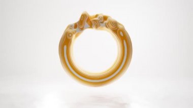 Soyut dinamik dairesel sıvı beyaz izole arkaplanda. Titreyen, sıçrayan altın renkli top şeklinde boya halkası, 3D kıvrımlı cam malzemeli animasyon. Sunum, sütlü delik.