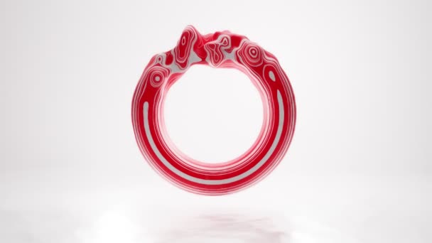 Dinamikus vörös folyékony anyag pulzáló gyűrű, kör, fánk vagy o betű formájában. Absztrakt művészet szürreális hullámos fényes fém bio forma 3d fehér alapon. Mozgókép, futurisztikus animáció. — Stock videók