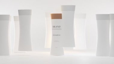 Beyaz arka planda izole edilmiş büyük boş kozmetik şişeler. Lüks marka ambalaj kavanozu, çıplak altın kapaklı, doğal organik malzemelerden şampuan, gerçekçi model 3D reklam konsepti..