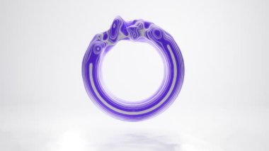 Soyut halka, çember, sıfır işaret ya da eğri büğrü düz formlarda donut, parlak ve cam materyal mor mor menekşe beyaz arka planda, akışkan hareketin nabzı, sürreal dinamikler, 3d animasyon