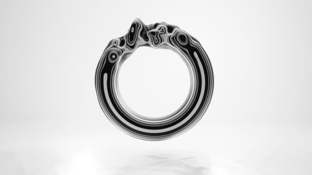 Geometrische 3D animatie van abstracte kunst. Vloeibaar zwart zilver metaal in de vorm van ring, donut of tunnel geïsoleerd op witte melkachtige achtergrond. Ronde glanzende futuristische glazen vorm, pulserende boterachtige verf — Stockvideo