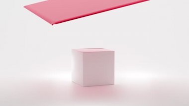 Gerçekçi 3D kutu, beyaz arkaplanda izole edilmiş kırmızı ipek kumaşla kaplı küp. Gizli hediye, kumaş örtüsü ve katları ile saten kumaş altında, boş podyum, sihirli numaralar göstermek için masa örtüsü ile ayakta durmak