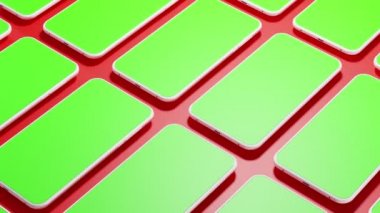 Beyaz telefon koleksiyonu, yeşil ekranlı veya krom anahtarlı mobil cihazların maketi medya içeriği, video düzenleme, kırmızı arkaplanda akıllı telefon hattı, seri üretim