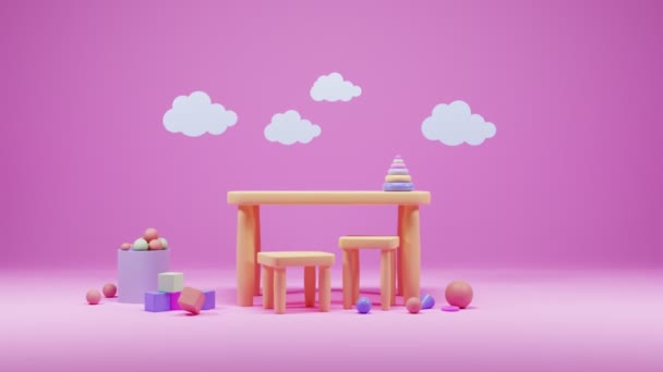 Kindergarten oder Kinderzimmer mit Möbeln und Spielzeug für Kleinkinder Baby. Modernes Spielzimmer-Interieur für lustige Spiele. Cartoon rosa Hintergrund mit Wolken, trockenem Pool, Stapeln von Spielzeug oder Pyramide auf dem Tisch. — Stockvideo