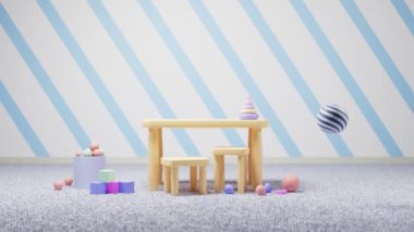 Çizgi film çocuk yuvası ya da anaokulu, çocuklar için montessori okulu, ilkokul, mobilya, oyuncak ve halılı anaokulu, çocukları yetiştirmek ve eğitmek için modern iç oyun odası.
