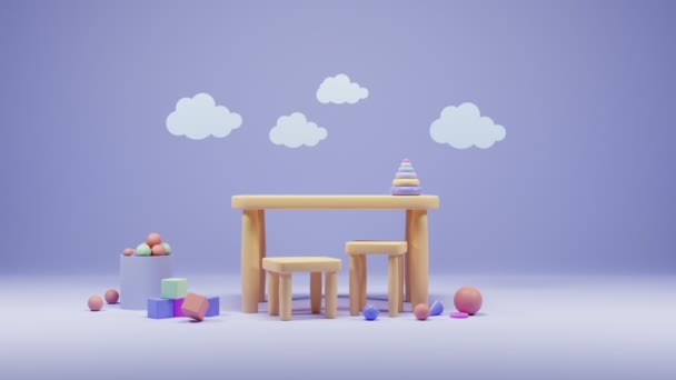 Παιδική χαρά στο κέντρο ψυχαγωγίας με τραπέζι και καρέκλες, στεγνή πισίνα, στοίβαγμα παιχνίδι, κύβους και μπάλες σε μπλε φόντο με σύννεφα, δωμάτιο για παιχνίδια, δημοτικό σχολείο κινουμένων σχεδίων ή νηπιαγωγείο. — Αρχείο Βίντεο
