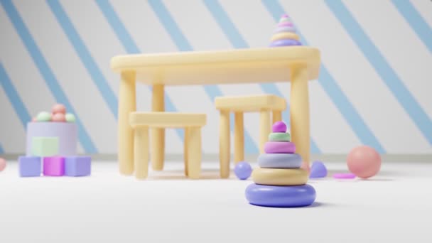Skládací hračka z barevných plastových kroužků pro jemné motorické dovednosti rukou, pyramida v dětské herně s nábytkem, moderní interiér školky. Kreslený prostor pro hry, rané vývojové dítě. — Stock video