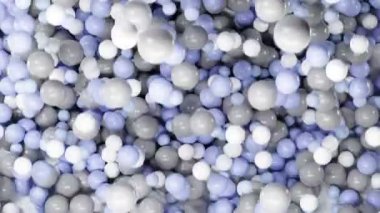 Çocuklar eğlence oyunları için kuru havuz, şeker dragee veya tatlı sakız, yakın çekim dokusu, 3 boyutlu balon deseni, düşen plastik parlak gri beyaz topların renkli arka planı, oyun alanı için oyuncak yığını.