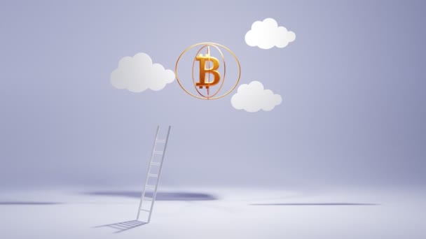 Úspěšný žebřík pro těžbu bitcoinů, koncept krypto měnových investic, vylézt vysoko do nebe a těžit symbol zlaté mince, růst tržních cen, finanční svoboda. Kreslený design na fialovém pozadí s mraky. — Stock video