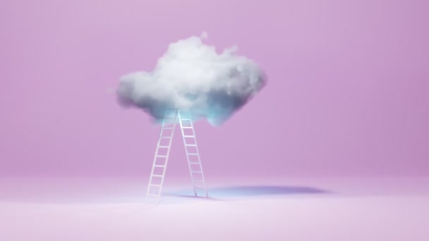 Escaleras que conducen al cielo, moderno diseño minimalista de dibujos animados 3d con escalera y nube sobre fondo aislado rosa. Concepto de éxito, desarrollo profesional, desarrollo empresarial, idea creativa, primeros pasos. — Vídeos de Stock
