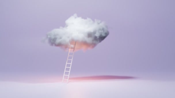 Nube blanca suave esponjosa, como el algodón de azúcar, sobre fondo aislado púrpura. Escalera al cielo. Arte conceptual, idea creativa y sueños, concepto de éxito, crecimiento y desarrollo, escalada de carrera. — Vídeos de Stock