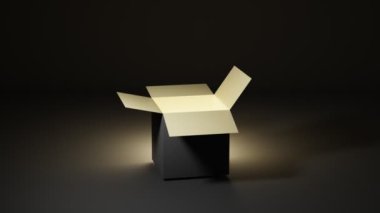 İçinde altın parıltı ve ışık olan sihirli kutuyu açıyorum. Sürpriz fikir, odak kabı, karanlık arka planda gizli hediye, Kara Cuma indirimi, Noel veya doğum günü hediyesi, siyah boş ambalaj modeli..