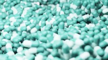 Nane beyazı kapsüller, arka planda bir yığın hap, ilaç ve vitamin, sağlık ürünleri, eczane ve ilaç, antibiyotikler ve ağrı kesiciler, gıda takviyesi. 3B tasarım modeli