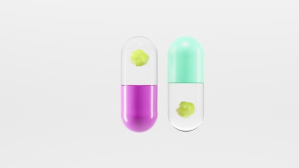 Transparante gekleurde capsules met gelvuller, covid-19 vaccin of dope. Ovale geneeskunde pillen, 3d farmaceutische behandelingen, antibiotica, vitaminen en pijnstillers, aanvulling op de gezondheid. Gesloten duidelijke drugs. — Stockvideo