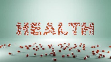 Kelime Sağlığı, beyaz ve kırmızı tabletlerden yeşil arkaplan ve kapsül yığınları. Vitaminler ve beslenme takviyeleri konsepti. İlaç endüstrisi, eczane ilacı, sağlık ürünleri.