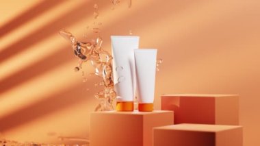 Sulama suyu ve tropikal bitki gölgesinde güneş kremi koruması. Sahnede turuncu kapaklı kozmetik beyaz krem tüpü cilt bakımı güneş losyonu, yazlık uv. Ad arkaplan, model paketleme