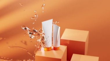 Sulama suyu ve tropik bitki gölgesinde güneş kremi. Ultraviyole koruma. Kozmetik beyaz plastik tüp, turuncu kapaklı ve dalgalı kare podyum. Cilt bakım güneş losyonu, krem, model ambalaj, reklam, üst görünüm