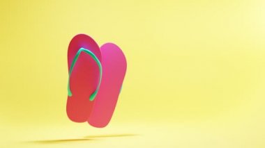 Pink summer women slippers for beach, pool or bathroom, rubber girl shoes for household or sea vacation. 3d animation mockup of flip flops isolated on yellow background, plastic sandals with thong.