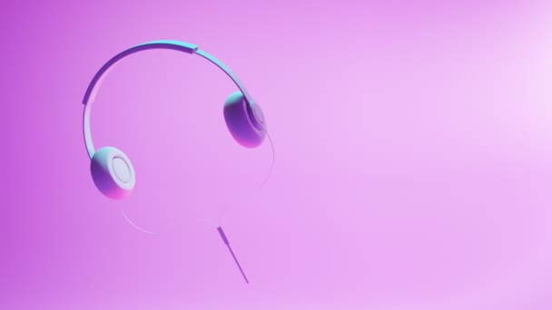 Witte hoofdtelefoon in neon licht, technologie apparaat voor het luisteren naar muziek, 3D-animatie van trend oortelefoons met stereo geluid op roze achtergrond. Dj apparatuur mockup, moderne audio gadget, bedraad headset. — Stockvideo