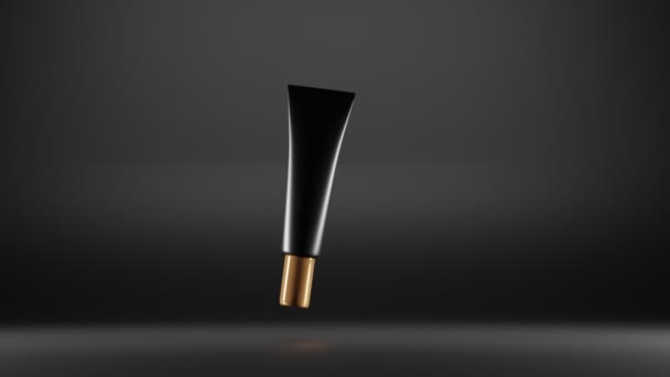 Nachtelijk schoonheidsproduct, cosmetische zwarte plastic buis met gouden kap op donkere geïsoleerde achtergrond. Vrouwen of mannen luxe huidverzorging en schoonmaken cosmetica. Gezicht of handcrème, verpakking mock up. 3D-animatie — Stockvideo