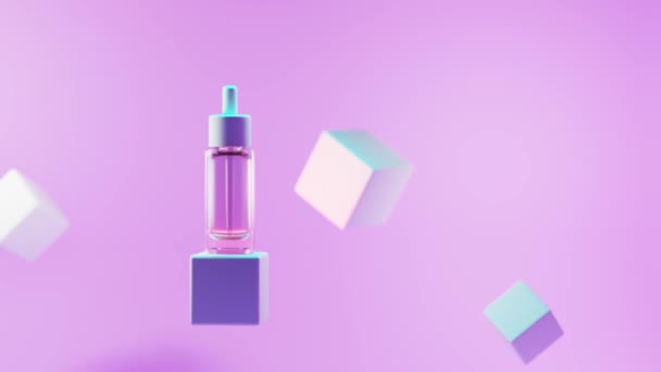 Butelka ze szkła kroplomierza kosmetycznego na podium w neonowym świetle. Makieta flakonu z pipetą kolagenową serum lub olejkiem eterycznym na geometrycznym etapie kwadratowym, prezentacja reklamy produktu na różowym tle, animacja 3D. — Wideo stockowe