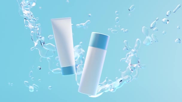 Productos cosméticos en salpicaduras de agua sobre fondo azul. Animación 3D realista de empaquetado vacío simulan anuncio. Tónico limpiador o loción, gel para el cuidado de la piel en botellas blancas y tubo que cae en la superficie del agua. — Vídeo de stock