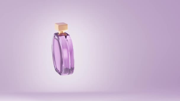 Frasco de perfume cosmético aislado sobre fondo púrpura. Recipiente redondo de vidrio con líquido rosa para mujer. Producto cosmético con tapa dorada, esencia floral, maqueta de envasado en aerosol. Animación 3D realista — Vídeos de Stock