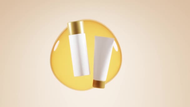 Cosmetic product line on yellow oil liquid bubble background. New formula beauty hair care bottle, serum tube. Oily cosmetics of vitamins, ad. 3d animation, promo white packaging mockup with gold caps — Stock Video